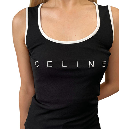 CELINE Vintage Logo Tank Top #38 Black White Polyester Sleeveless 902071