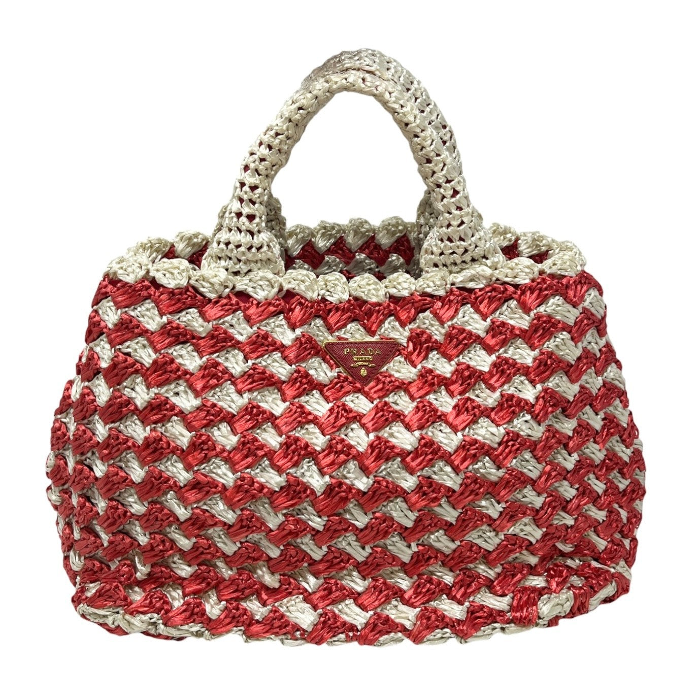 PRADA Vintage Triangle Logo Raffia Canapa Tote Bag Red White Crochet 902048