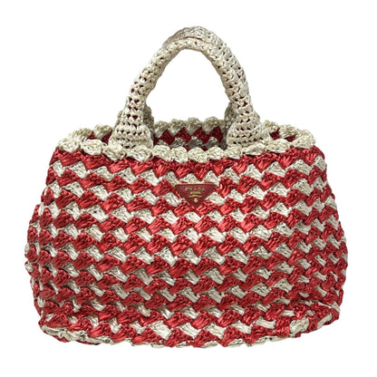 PRADA Vintage Triangle Logo Raffia Canapa Tote Bag Red White Crochet 902048