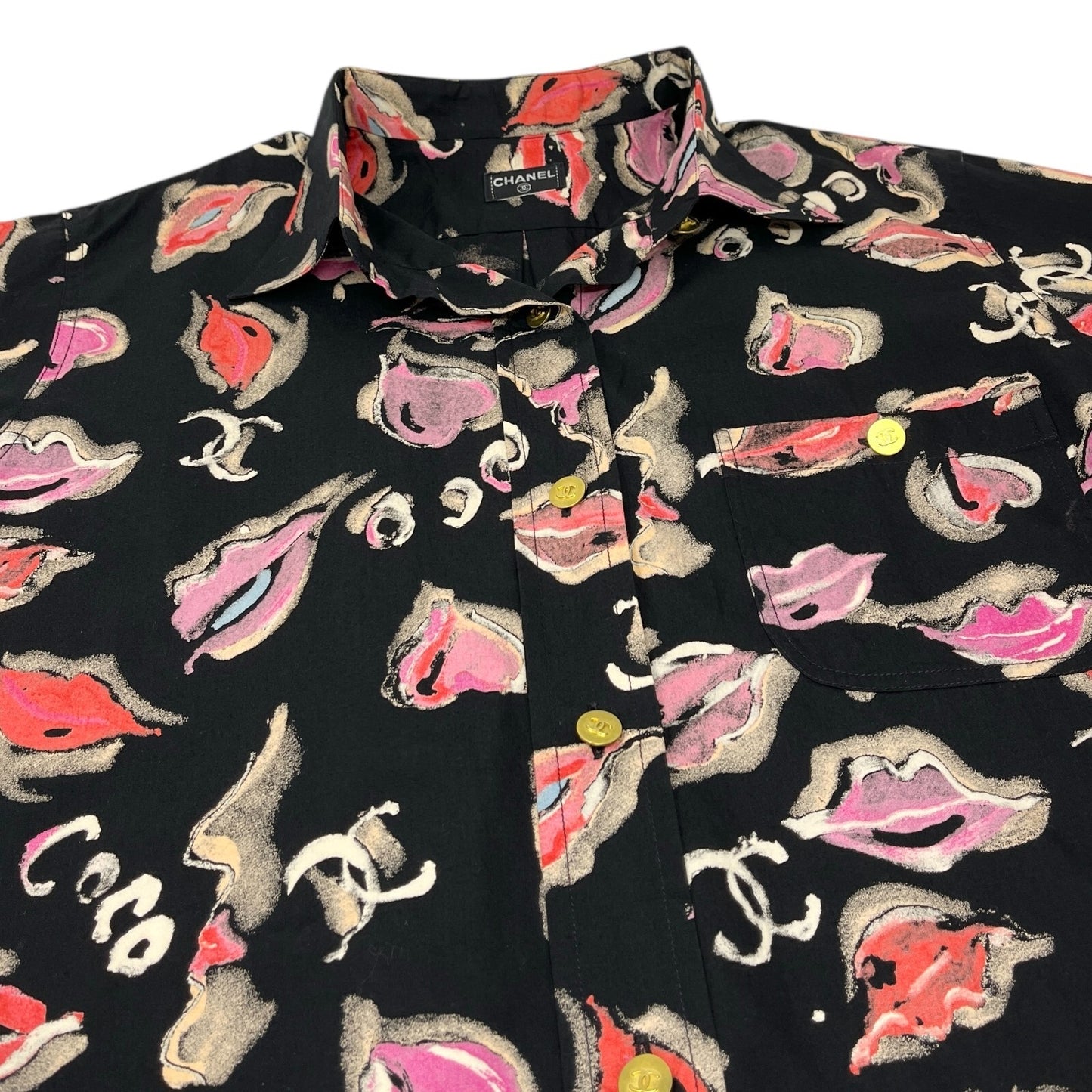 CHANEL Vintage 1995 CC Logo Lip Print Shirt Blouse Top Button Black Pink Cotton