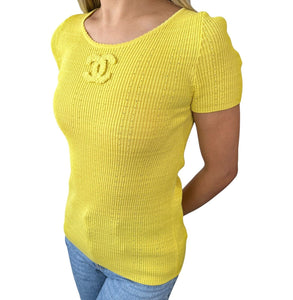 CHANEL 09P Vintage CC Logo Summer Knit Top #34 Yellow Cotton Rank AB+