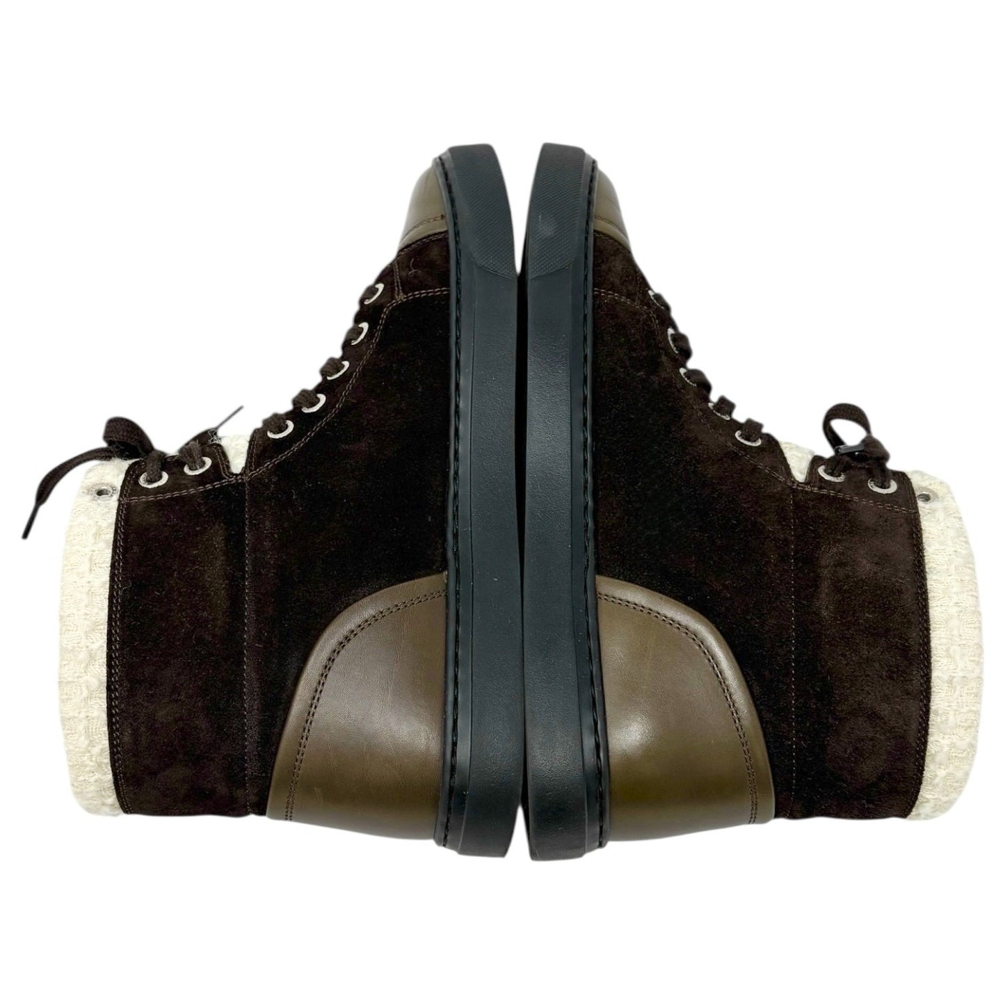 CHANEL Vintage 15A CC Suede Shearling High-cut Sneakers #38 Olive Green Brown