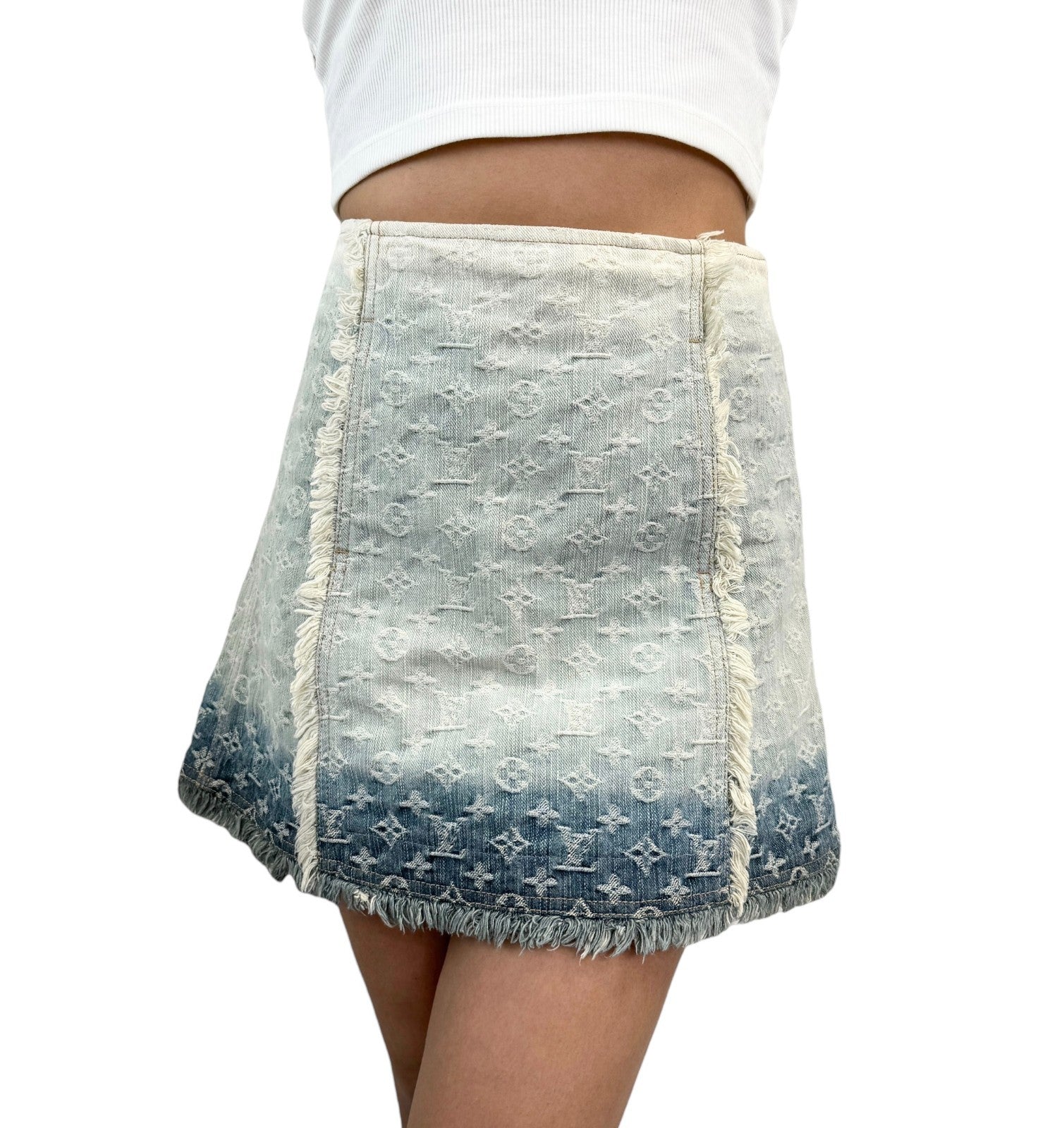 LOUIS VUITTON Vintage LV Monogram Denim Gradation Mini Skirt Fringe Blue Cotton