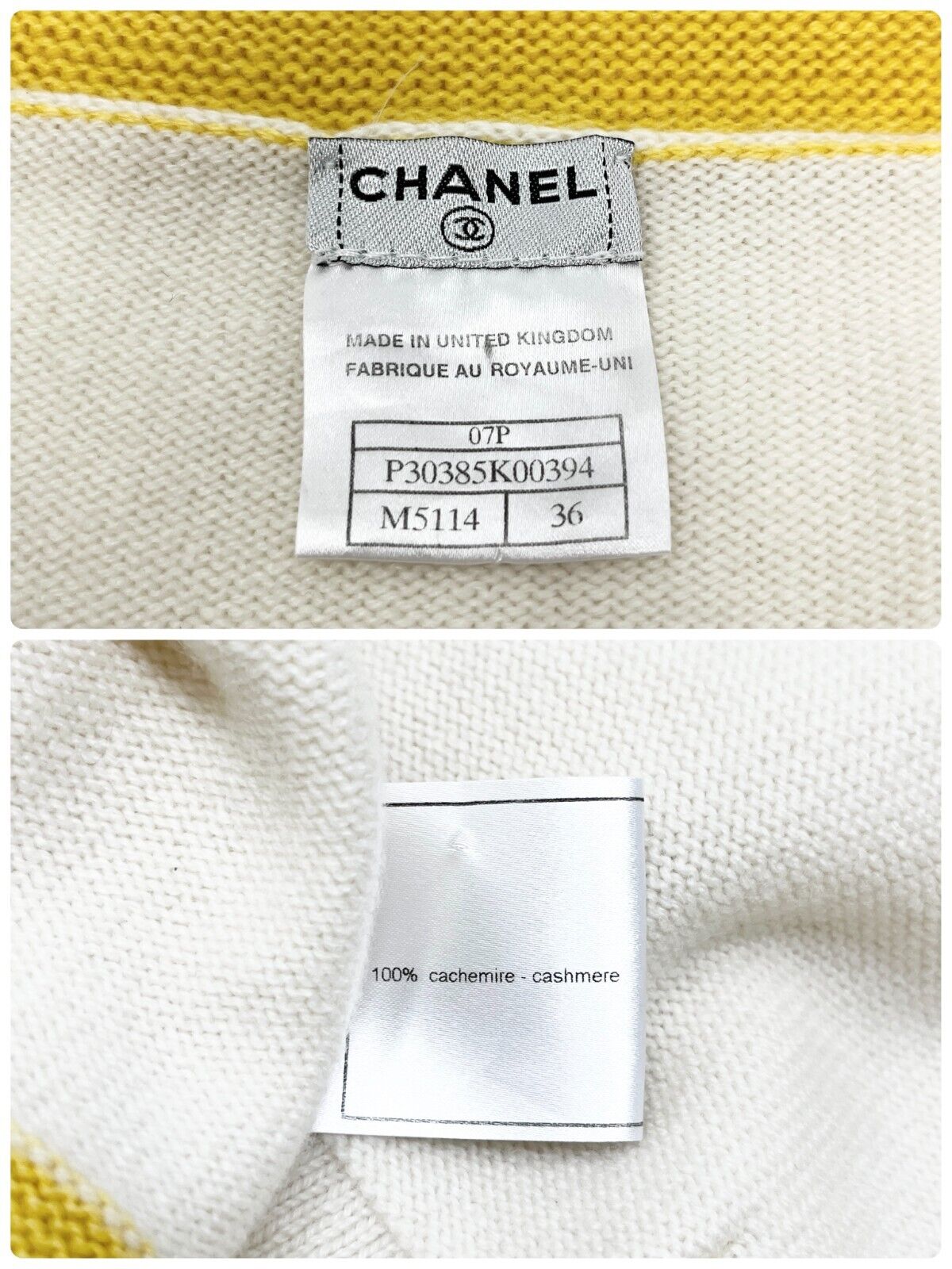 CHANEL Vintage 07P CC Logo Cardigan Sweater Top #36 Cream Yellow Cashmere