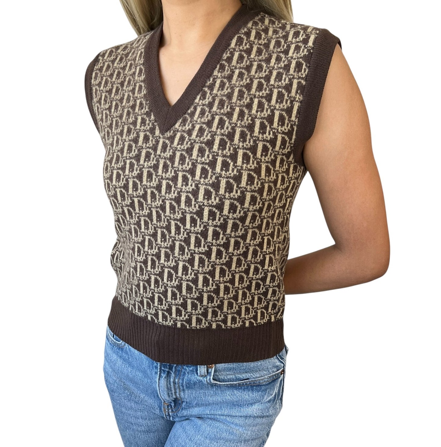 Christian Dior Vintage Trotter Monogram Logo Knit Vest V-neck Brown Beige Wool