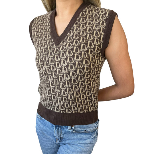Christian Dior Vintage Trotter Monogram Logo Knit Vest V-neck Brown Beige Wool