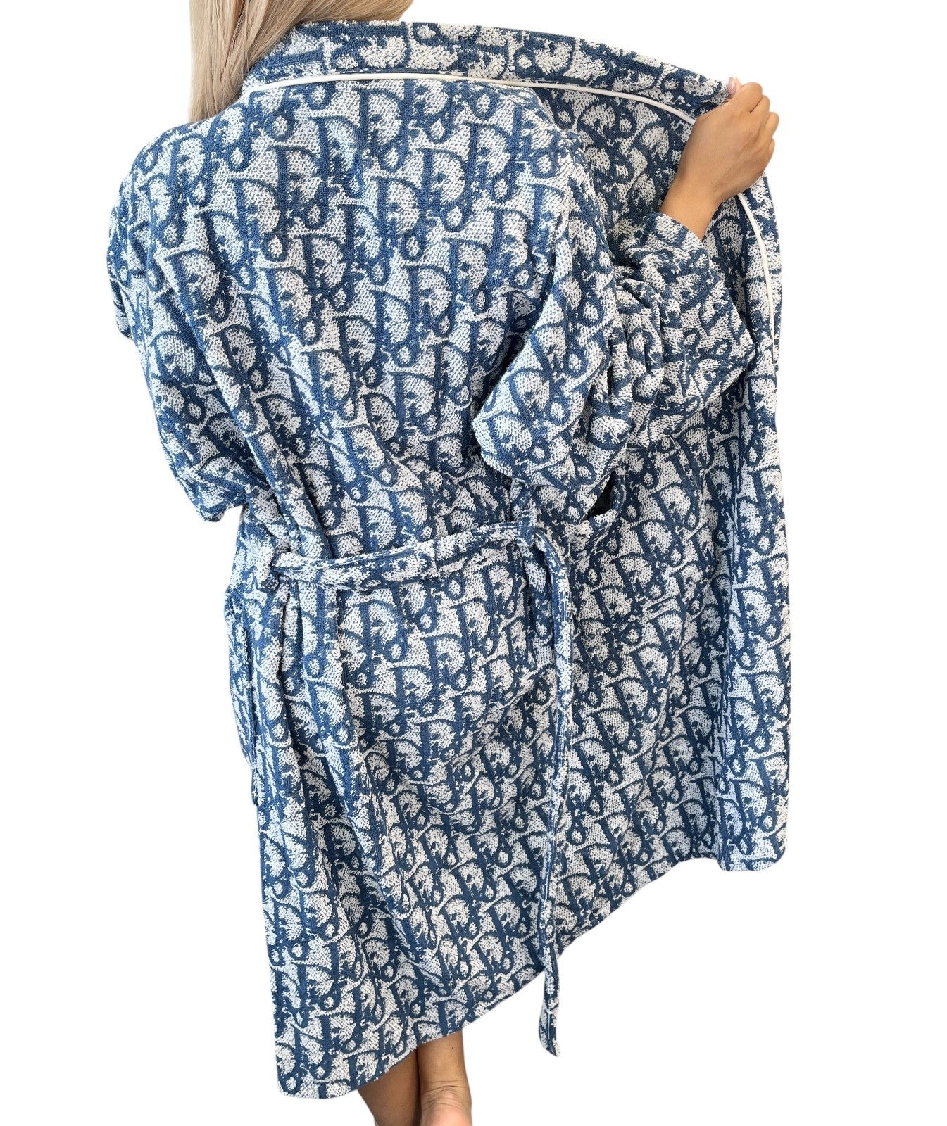 Christian Dior Vintage Trotter Monogram Logo Bathrobe #L Terry Cloth Blue White