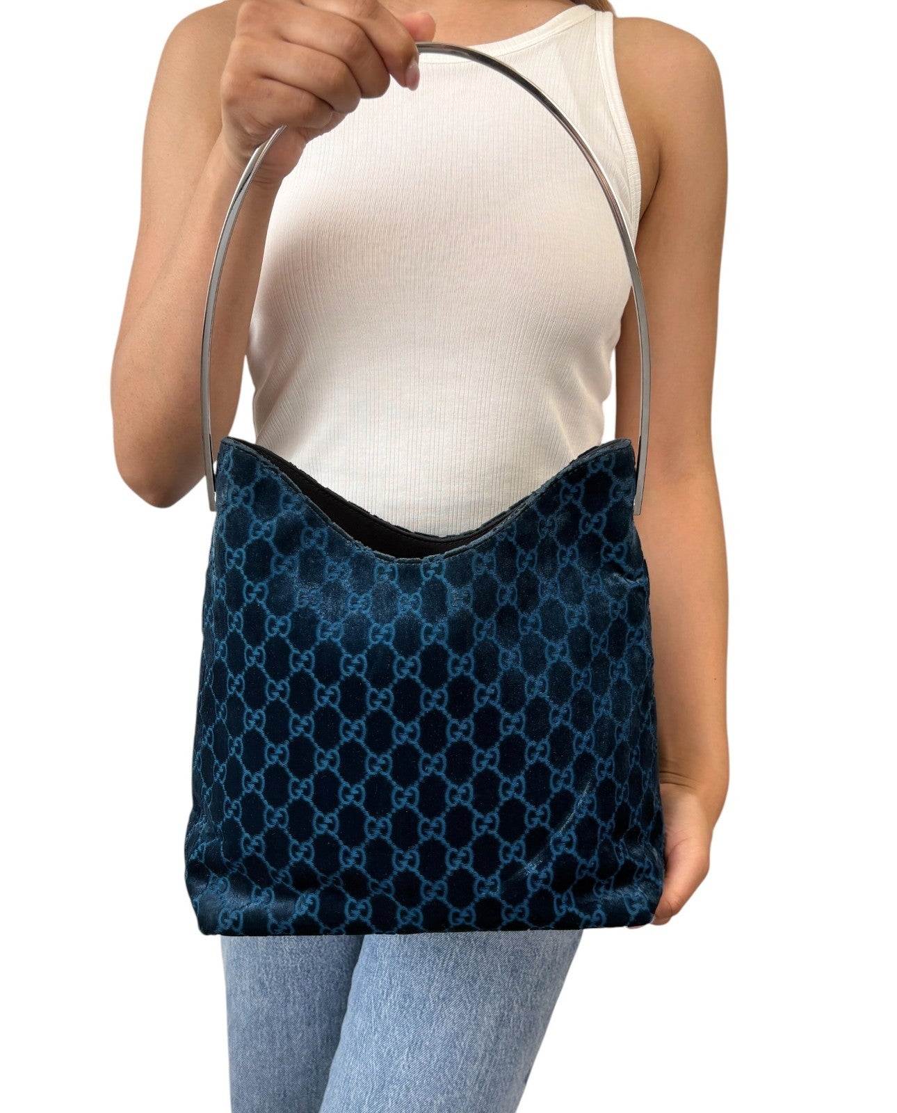 Gucci Vintage GG Monogram Suede Hobo Shoulder Bag Blue Silver Leather 902062