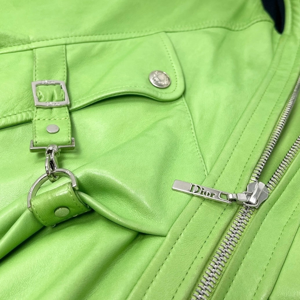 Christian Dior Vintage 2004 Logo Leather Jacket #36 Light Green Lambskin Black