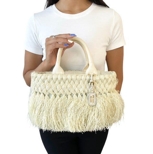 PRADA Vintage Fringe Raffia Straw Tote Crossbody Bag 2way Cream Gold 902235