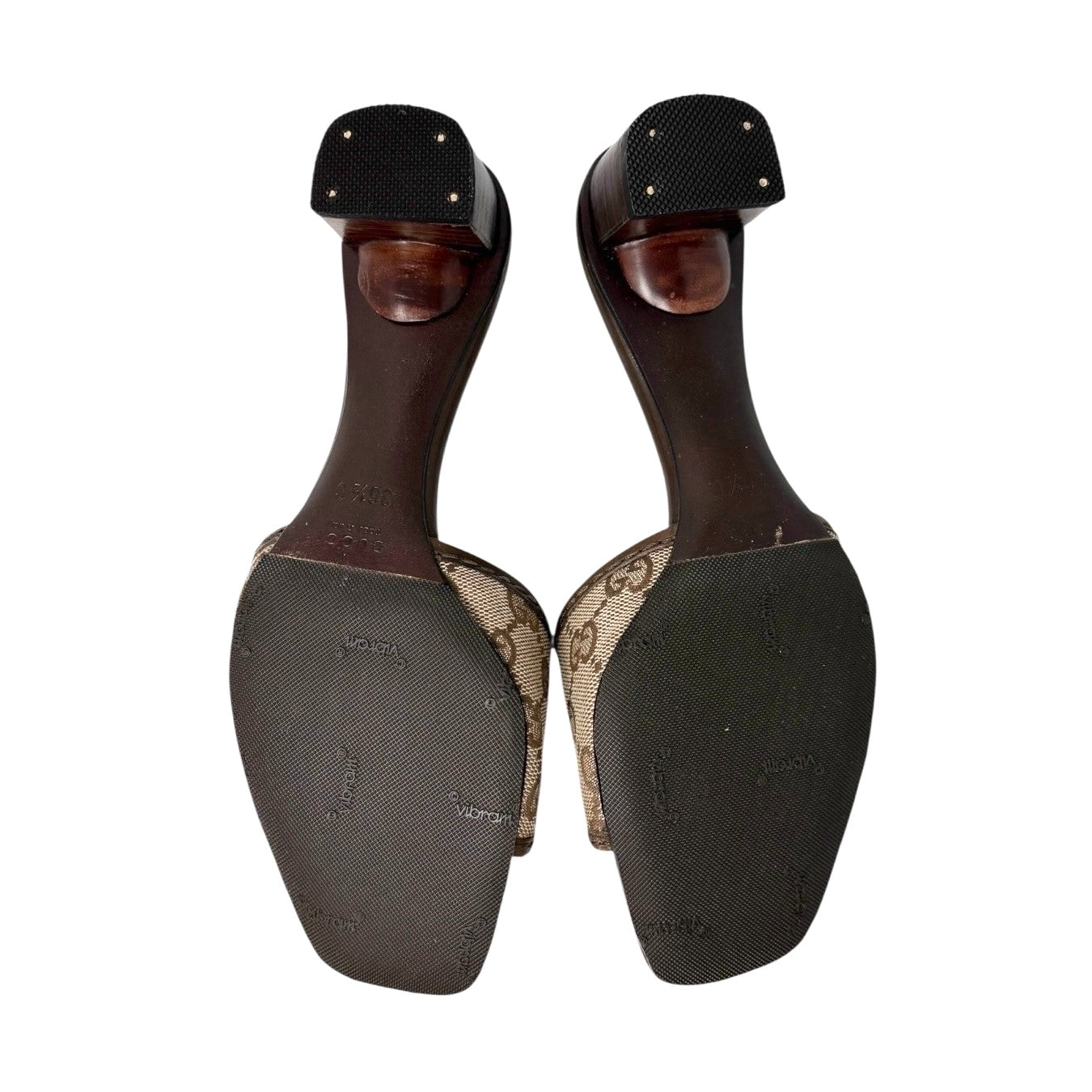 GUCCI Vintage GG Logo Monogram Sandals Block Heels #36.5 Brown Canvas Leather