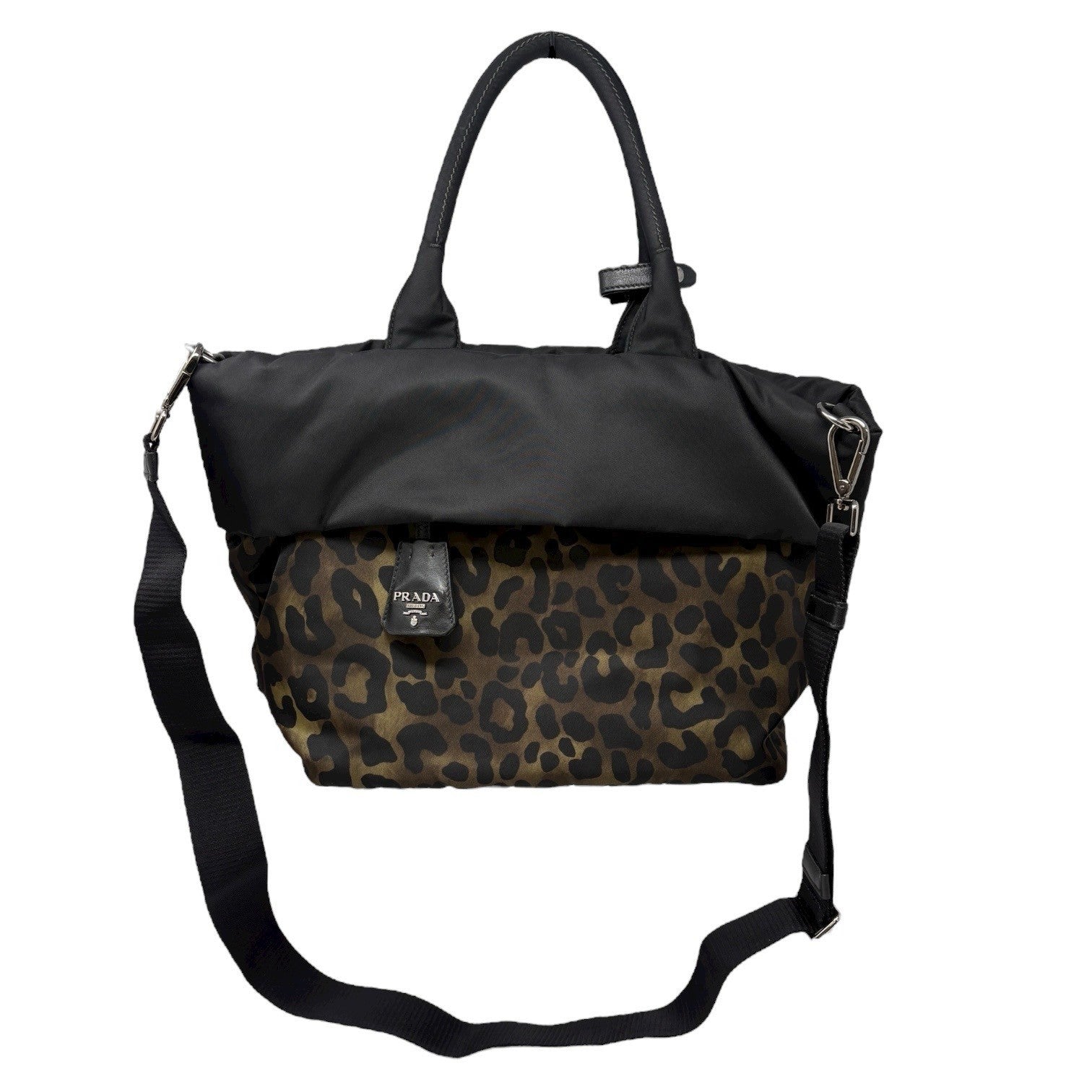 PRADA Vintage Logo Leopard 2way Shoulder Bag Crossbody Black Khaki Zip Nylon