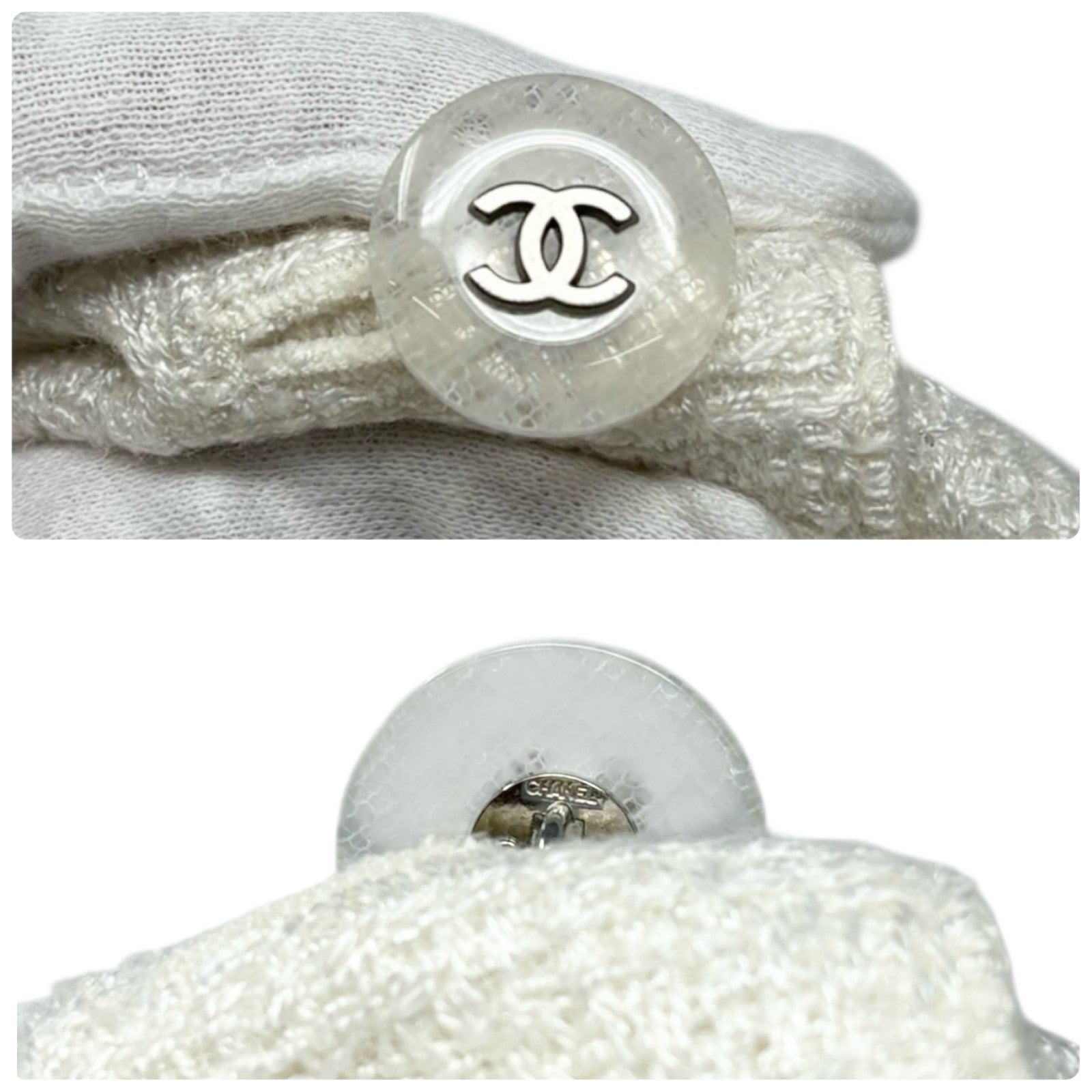 CHANEL Vintage 98P CC Logo Button Boucle Tweed Blazer Jacket #38 White Silver