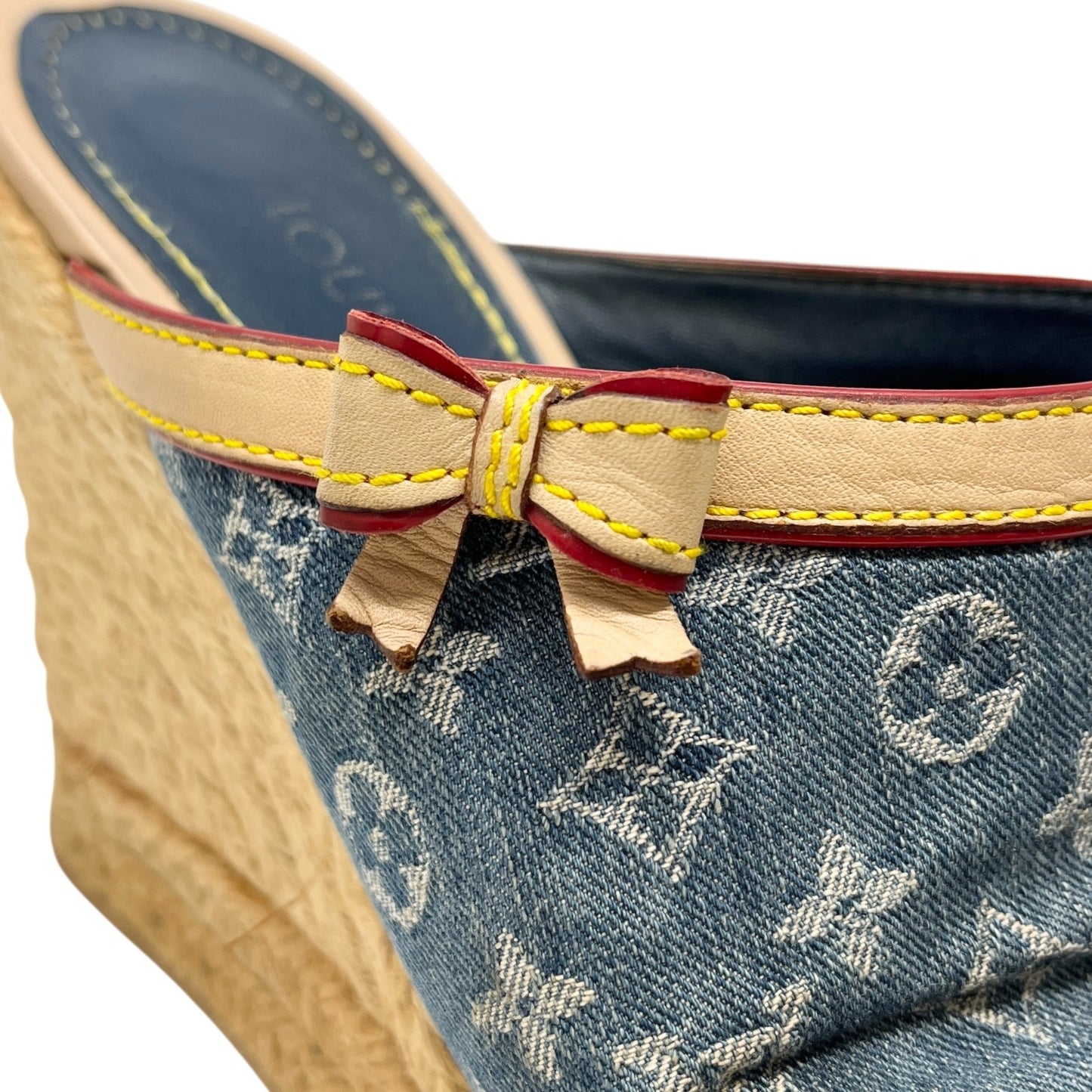 LOUIS VUITTON Vintage Monogram Denim Wedge Sole Sandals #38 Ribbon Blue Beige