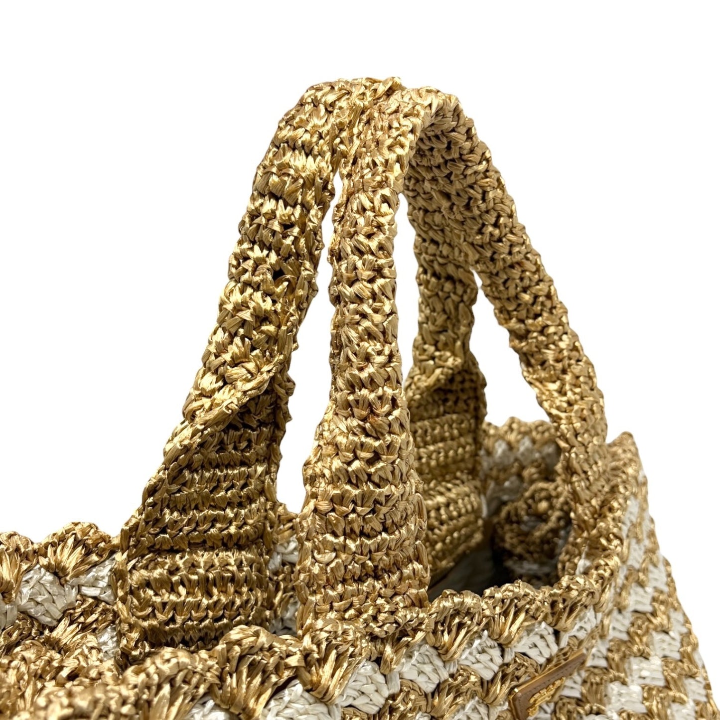 PRADA Vintage Triangle Logo Raffia Canapa Tote Bag Beige White Crochet