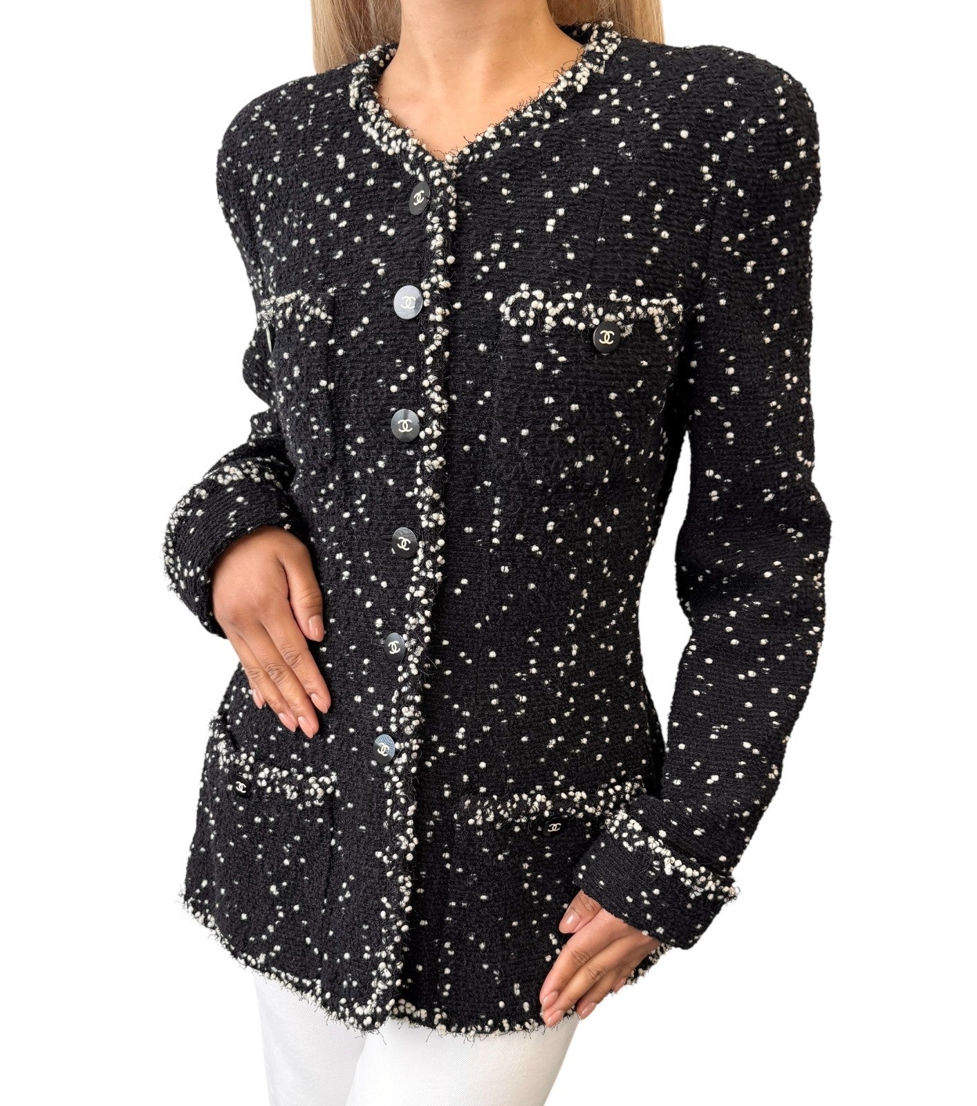 CHANEL Vintage 95A CC Logo Tweed Jacket Blazer #40 Black Wool Long Sleeve