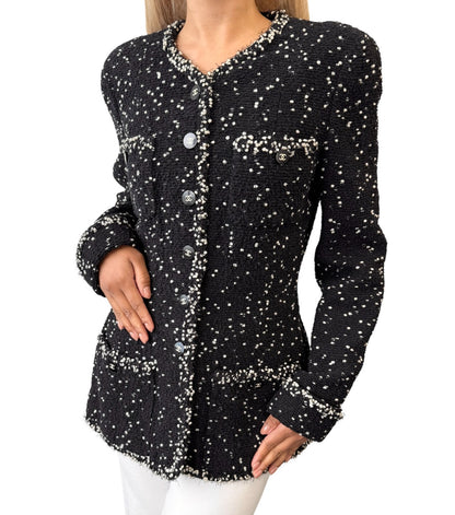 CHANEL Vintage 95A CC Logo Tweed Jacket Blazer #40 Black Wool Long Sleeve