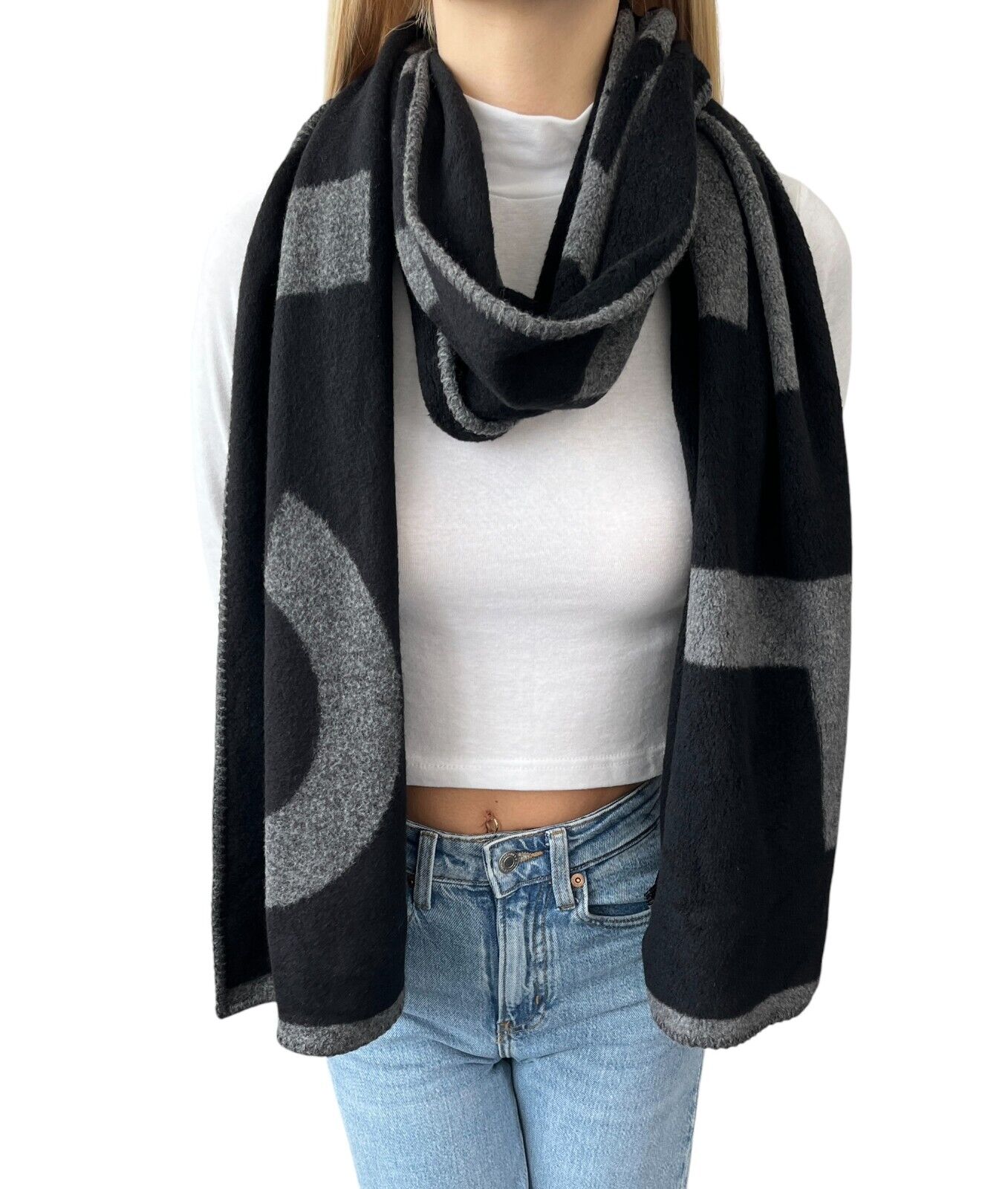 CHANEL Vintage Logo Muffler Scarf Wrap Accessory Black Gray Silk Cashmere
