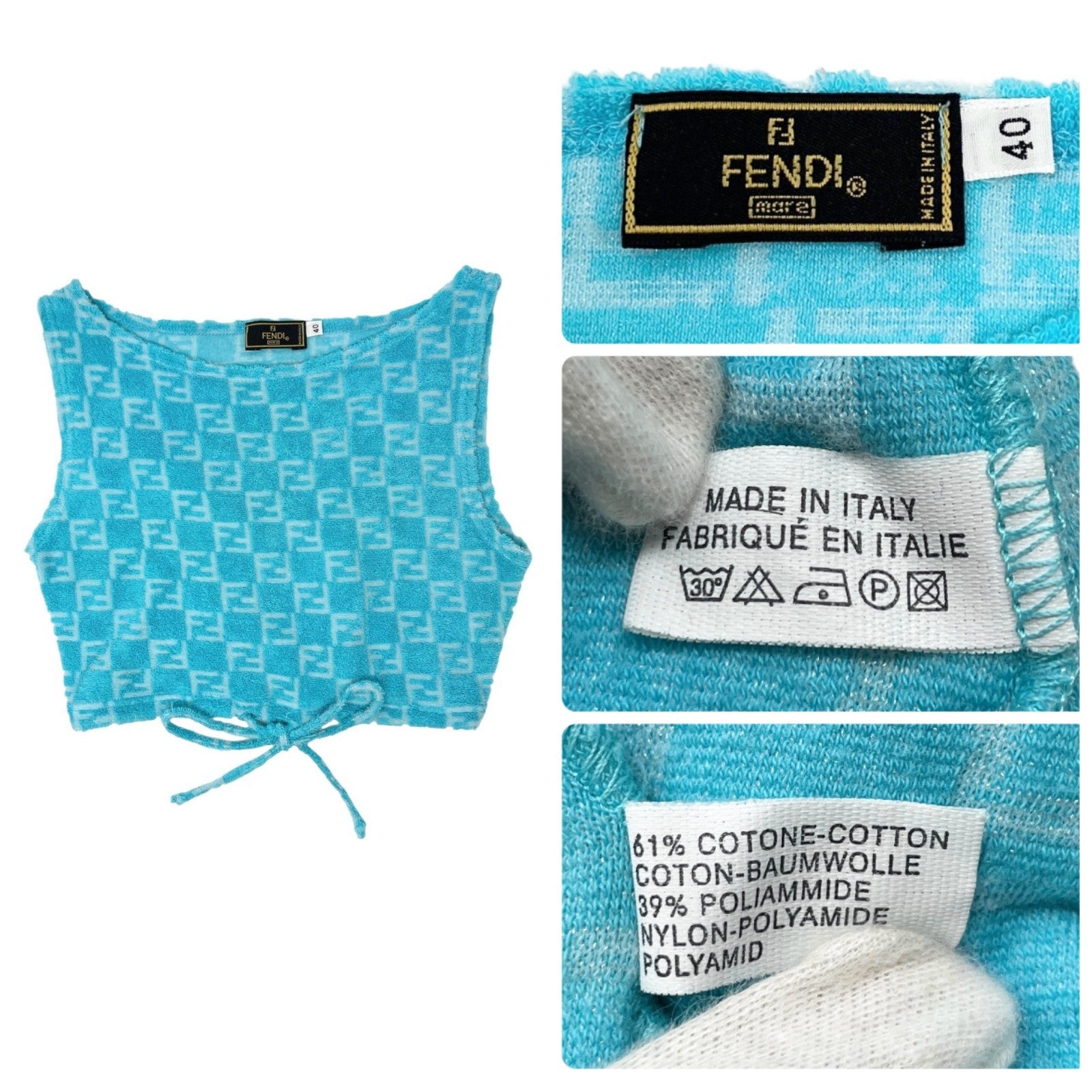 FENDI Vintage Zucchino Monogram Tank Top Short Pants Set #40 #44 Cropped Blue