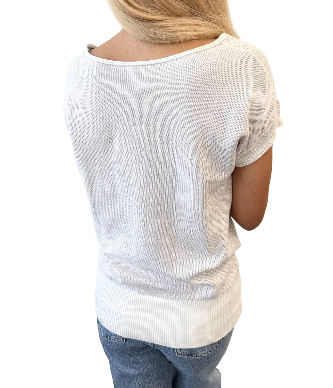 CHANEL Sport Vintage 08P CC Mark Logo Knit T-shirt Top #38 Gray White Cotton