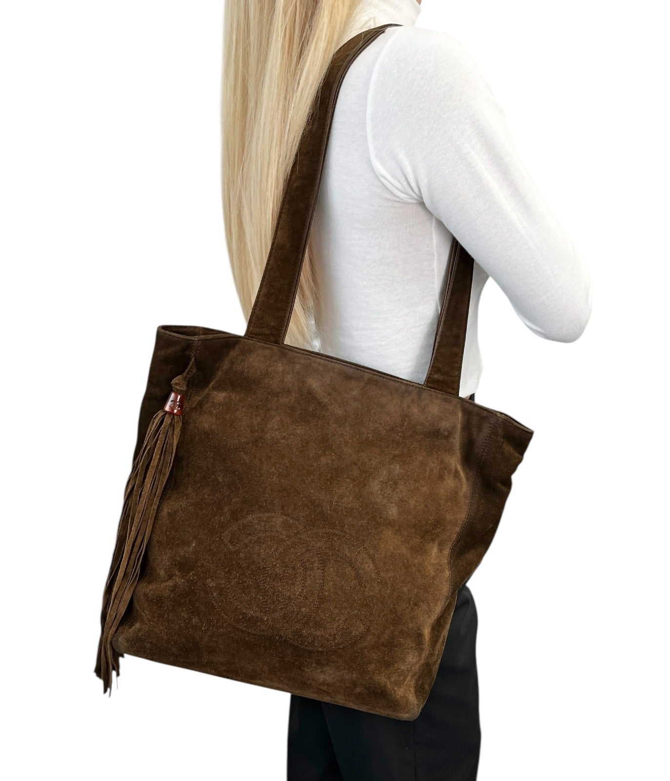 CHANEL Vintage CC Logo Suede Shoulder Tote Bag Fringe Brown Stitch 902594