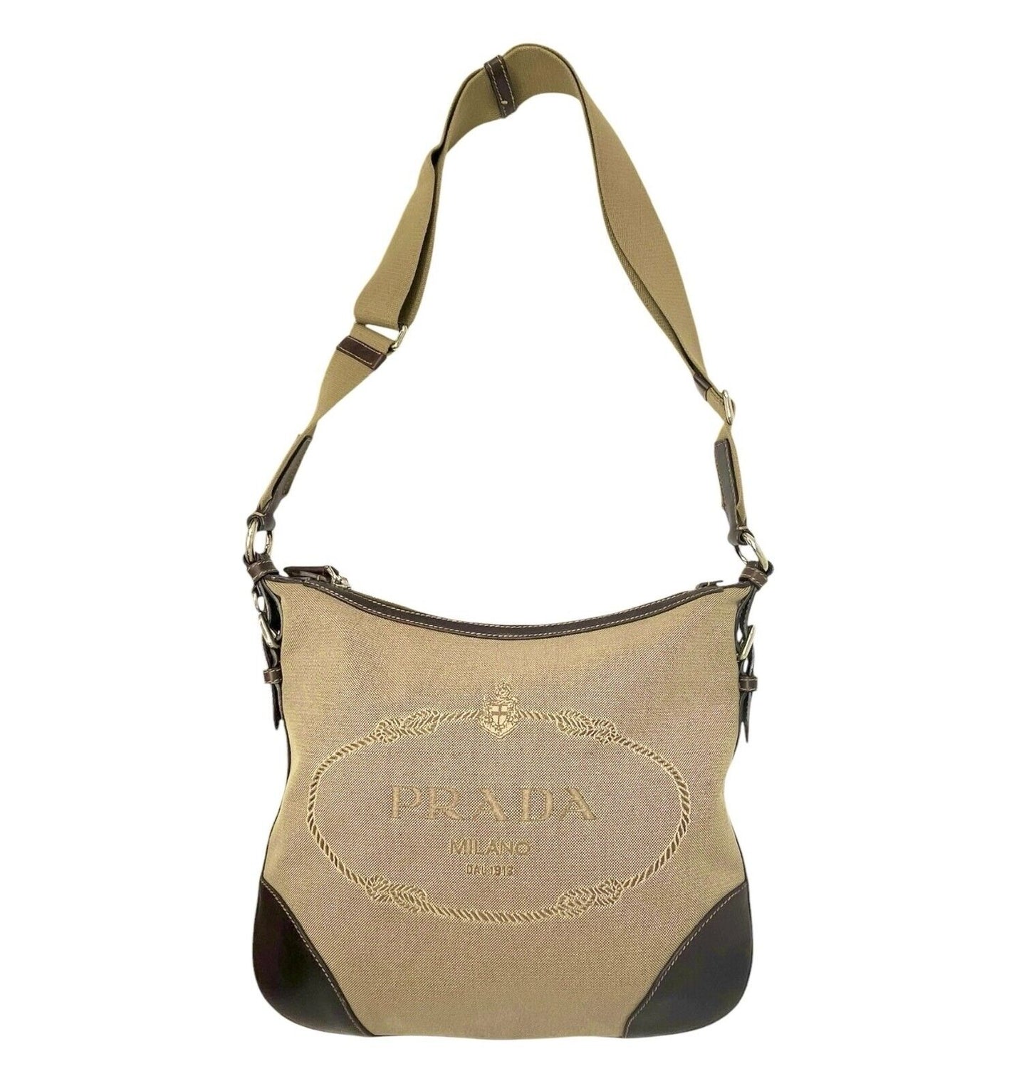 PRADA Vintage Logo Crossbody Shoulder Bag Zip Beige Brown Silver Canvas Leather