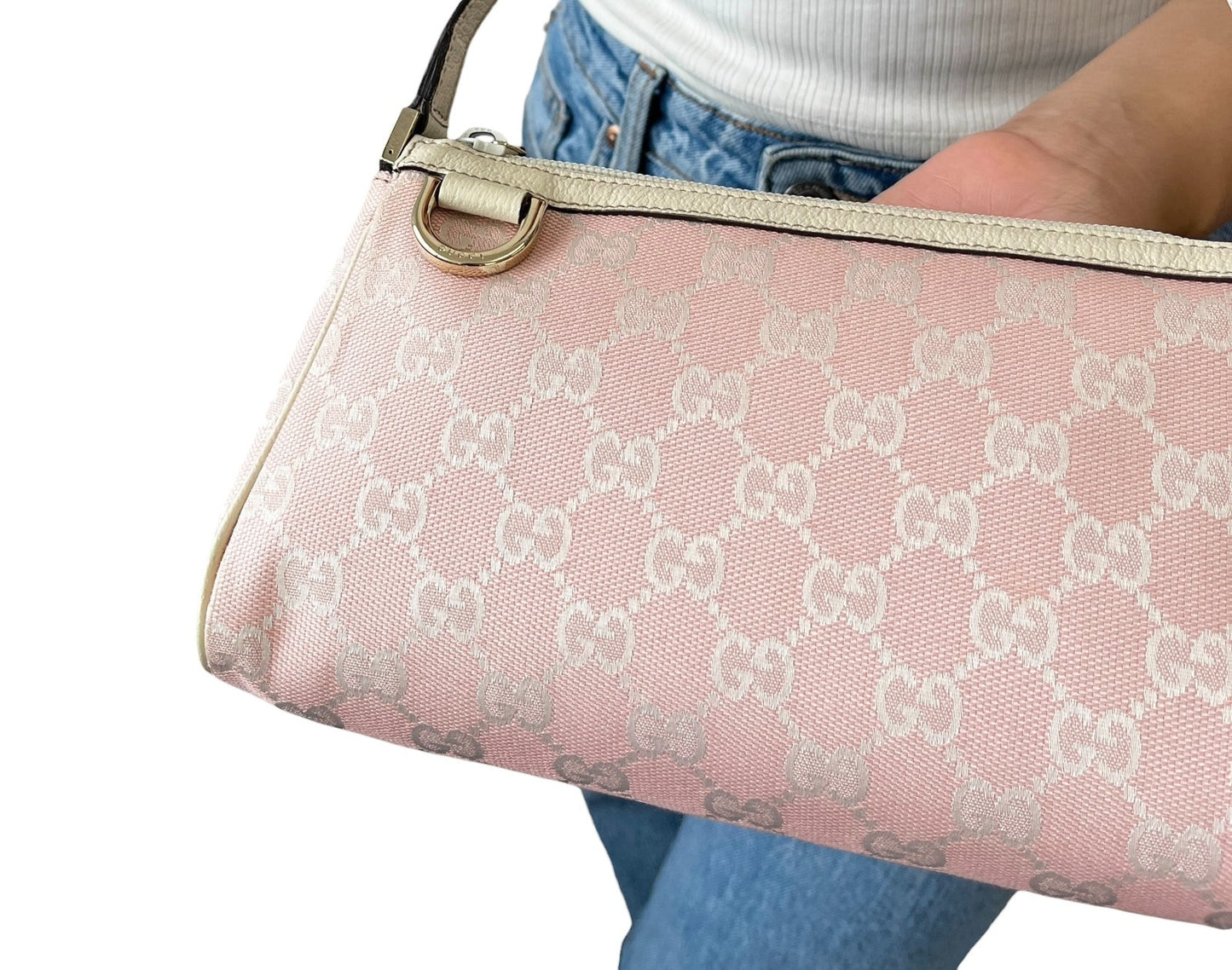 GUCCI Vintage GG Monogram Logo Abbey Shoulder Bag Pink Gold Canvas 902056