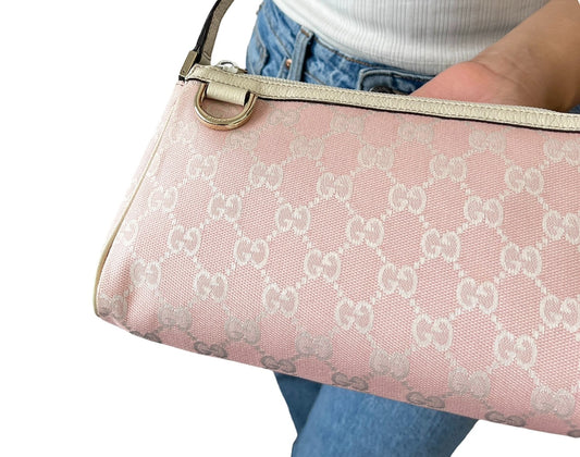 GUCCI Vintage GG Monogram Logo Abbey Shoulder Bag Pink Gold Canvas 902056