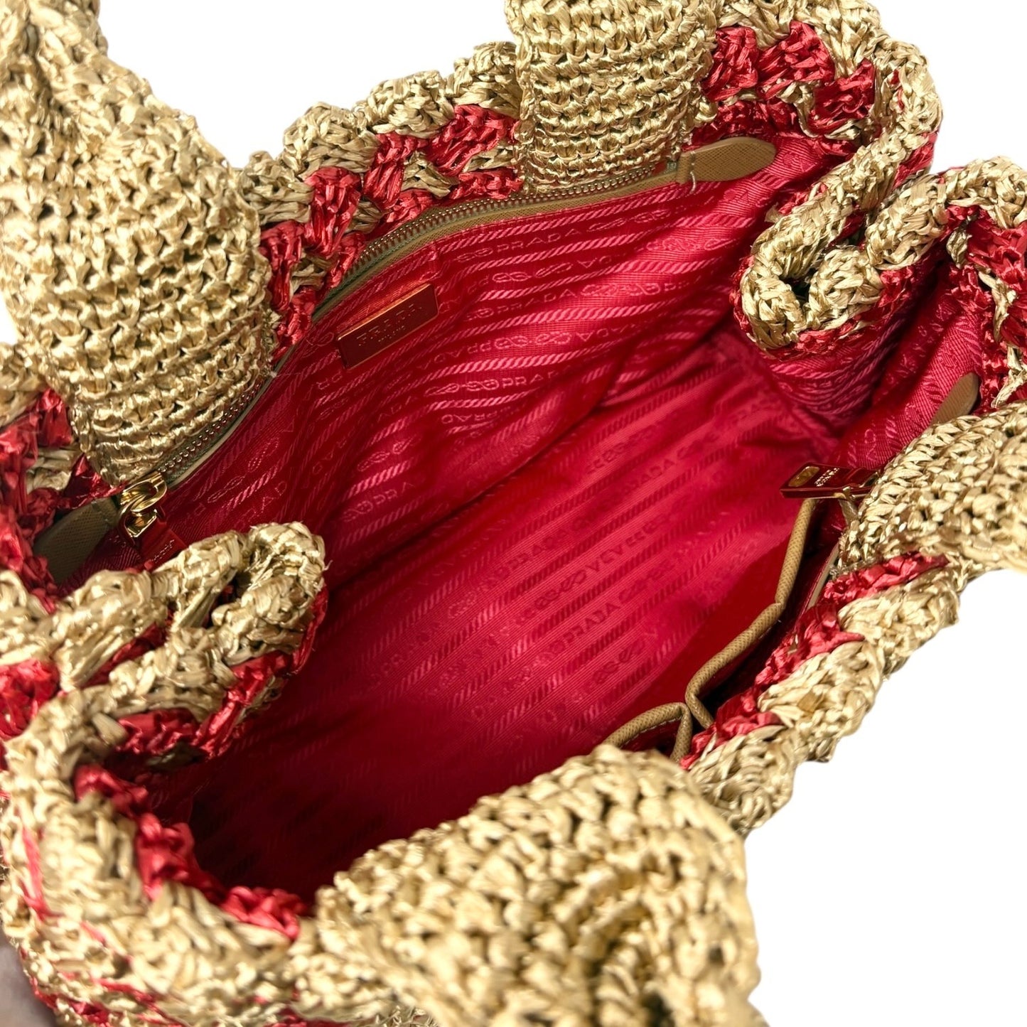PRADA Vintage Triangle Logo Raffia Canapa Tote Bag Red Beige Gold Crochet