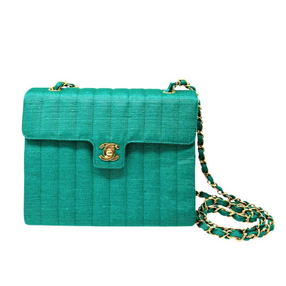 CHANEL Vintage CC Mark Logo Crossbody Shoulder Flap Bag Chain Green Gold Cotton