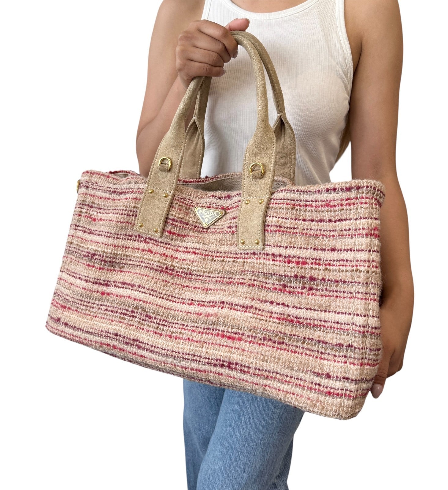 PRADA Vintage Logo Tweed 2way Tote Bag Crossbody Pink Cream Gold Wool Suede