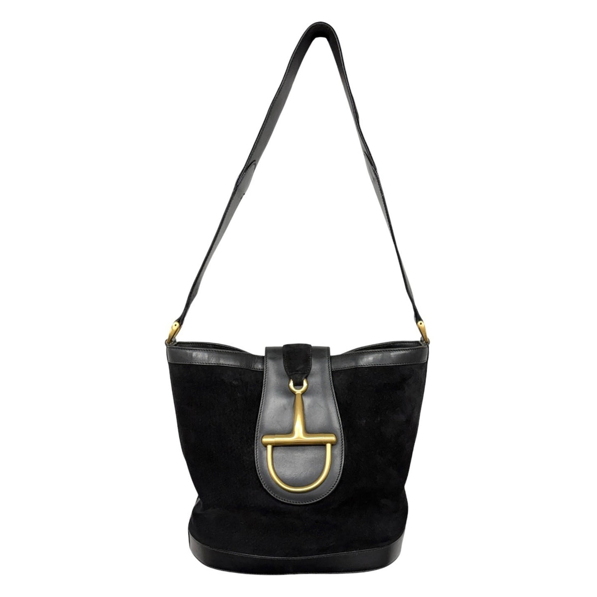 GUCCI Vintage Logo Horsebit Suede Bucket Shoulder Bag Black Gold 902395