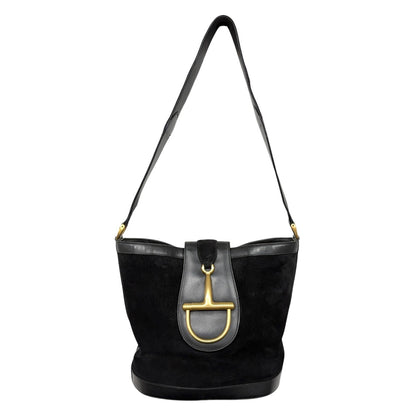 GUCCI Vintage Logo Horsebit Suede Bucket Shoulder Bag Black Gold 902395