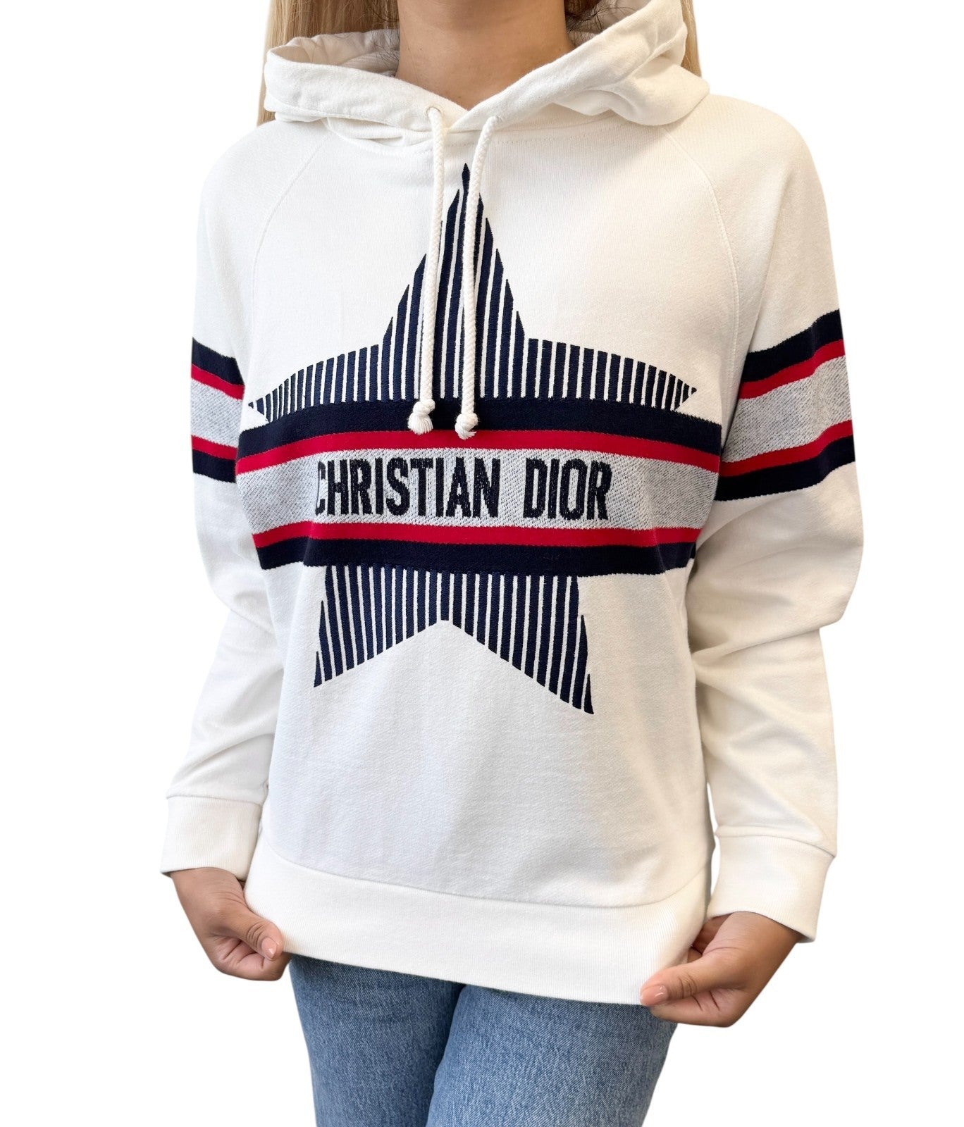 Christian Dior 21AW Big Star Logo Hoodie Sweatshirt Top #XS White Blue Red