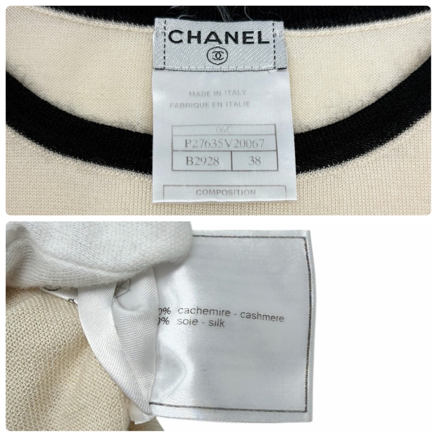 CHANEL Vintage 06C CC Logo Knit Pocket Top #38 Beige Black Cashmere 902578