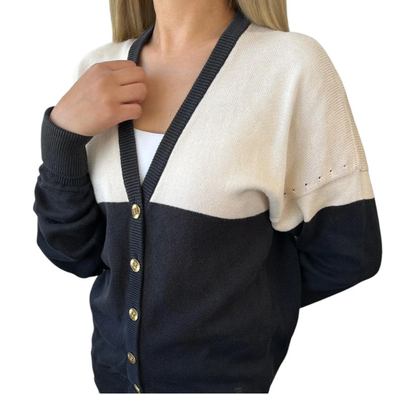 CHANEL Vintage CC Logo Cardigan Bi-color Sweater #M Button Cream Black Cotton