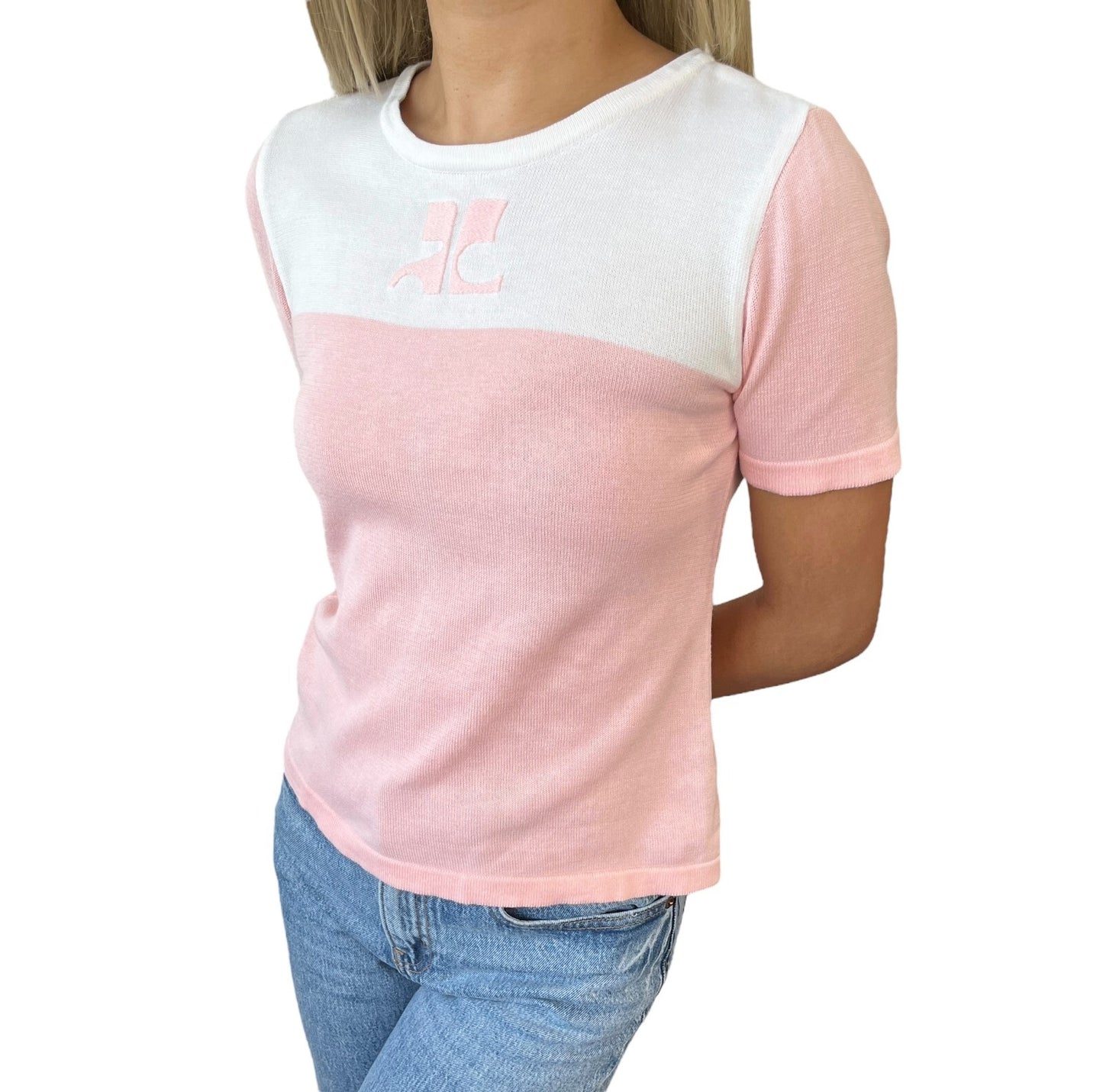 Courreges Vintage Logo Bicolor Knit T-shirt #9R Top Pink White Cotton Rank AB