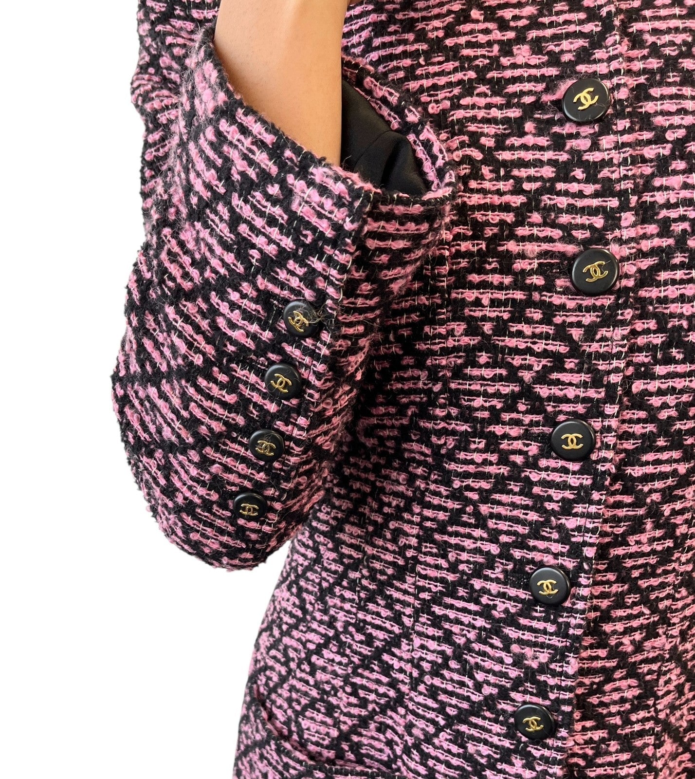 CHANEL Vintage 95A CC Logo Tweed Jacket #38 Pink Black Button Cotton Pocket