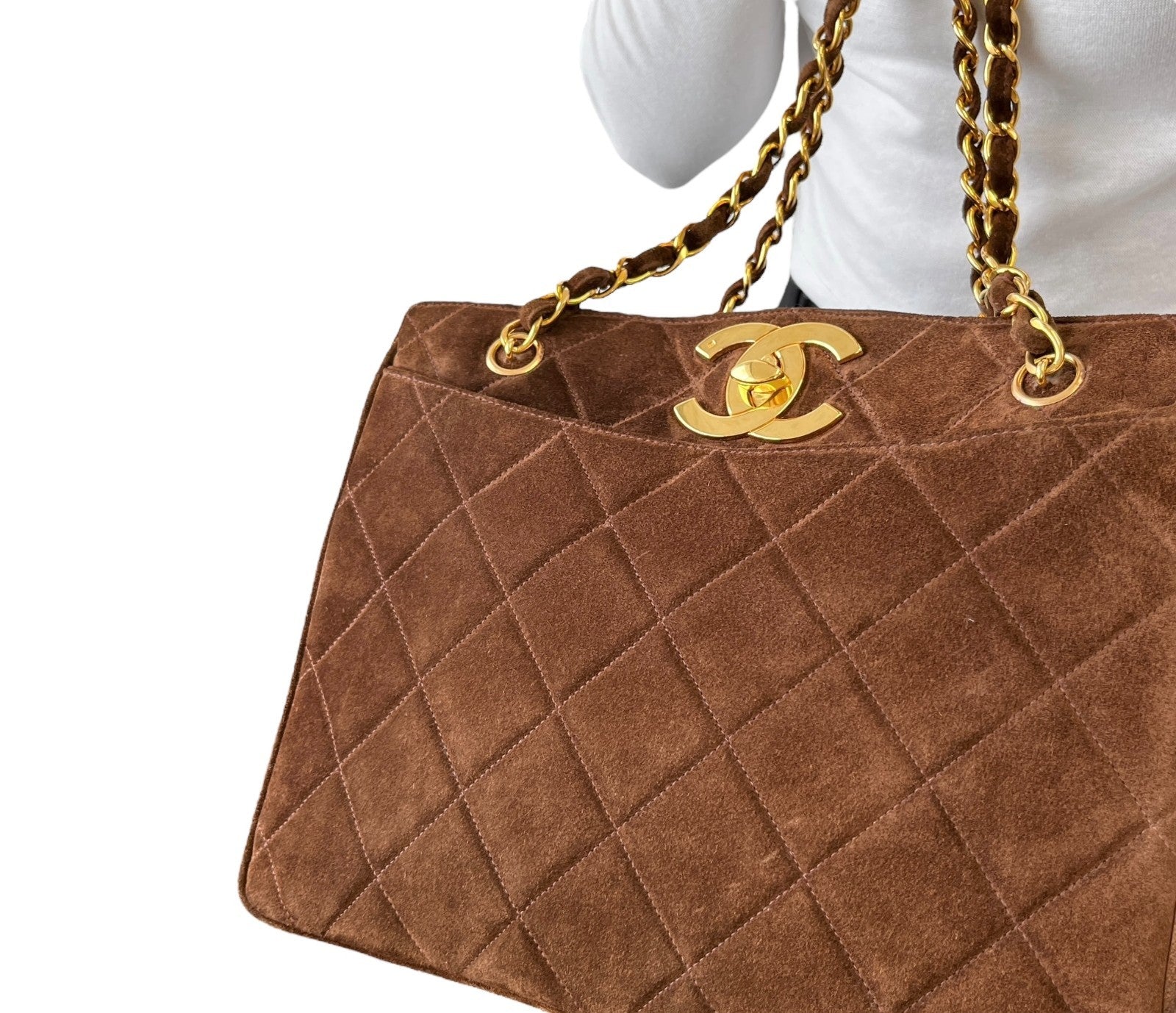 CHANEL Vintage CC Logo Matelasse Chain Shoulder Bag Turnlock Brown Gold Suede