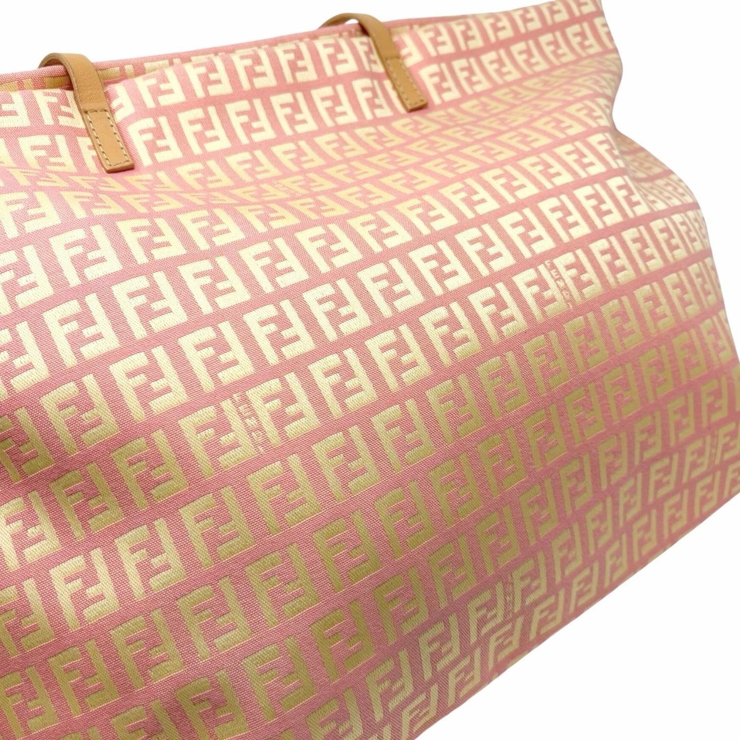 FENDI Vintage FF Logo Zucchino Tote Bag Pink Yellow Canvas Leather 901894