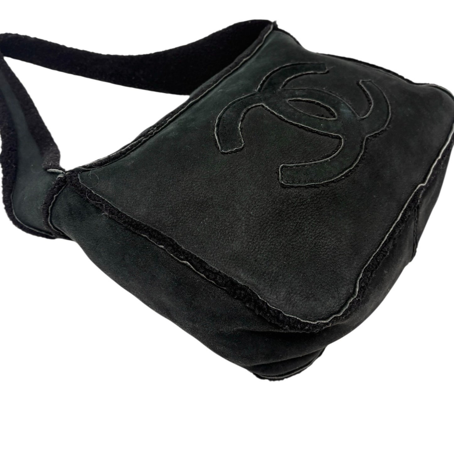 CHANEL Vintage Big CC Shearling Leather One Shoulder Bag Black Mouton Boa