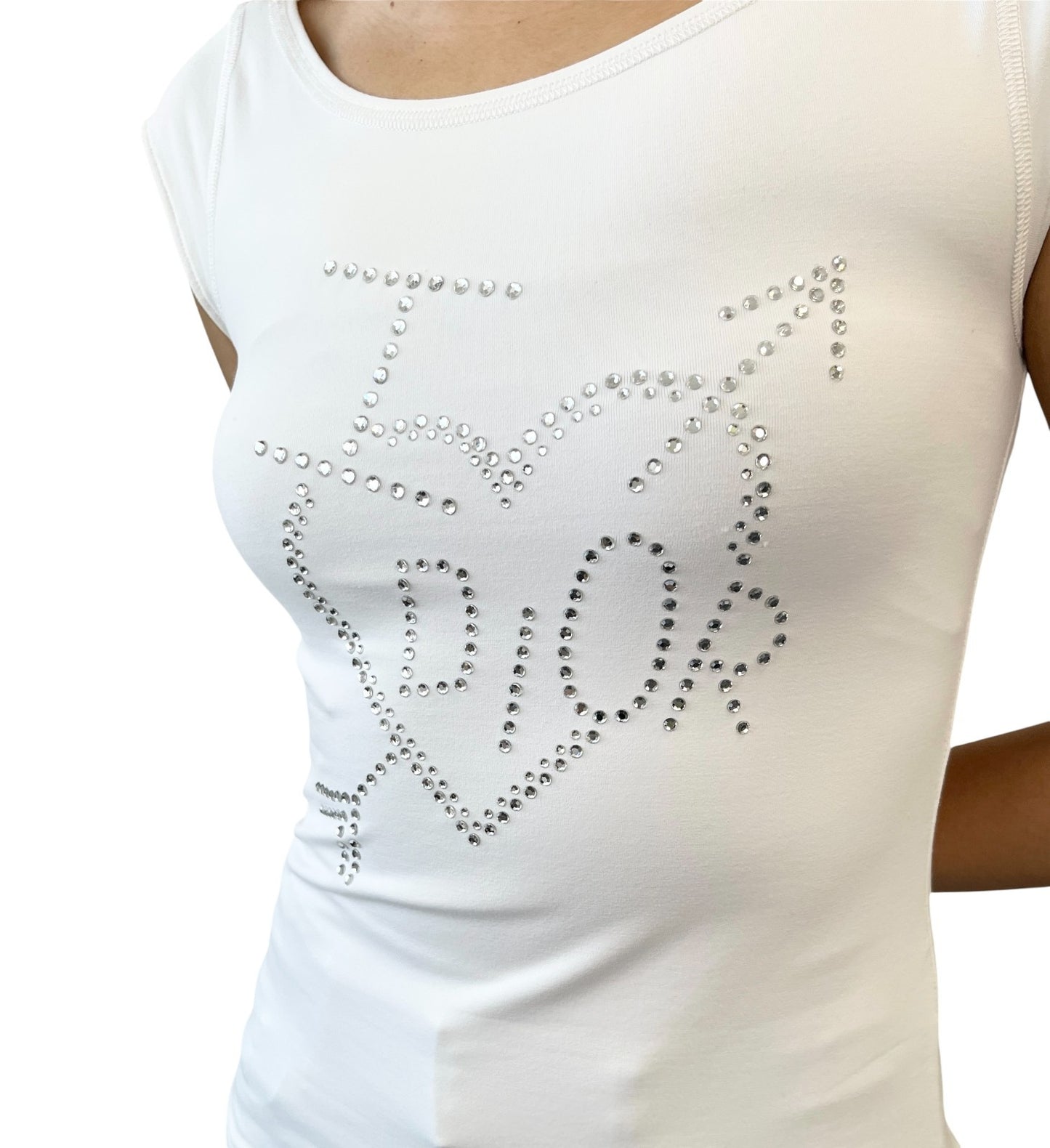 Dior Vintage 2004 I Love Dior Logo Rhinestone Tank Top #38 White Nylon 901806