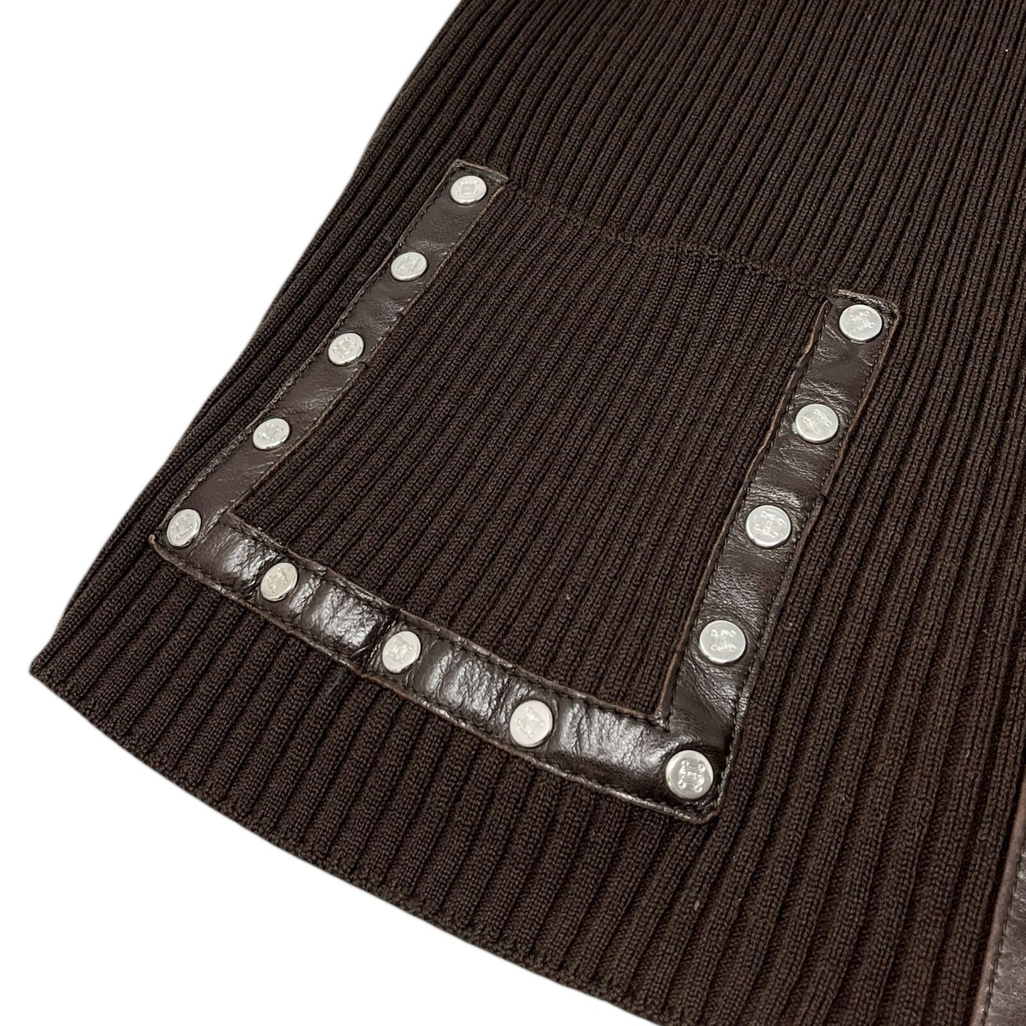 CELINE Vintage Macadam Logo Rib Knit Cardigan #M Snap Button Brown Wool Leather