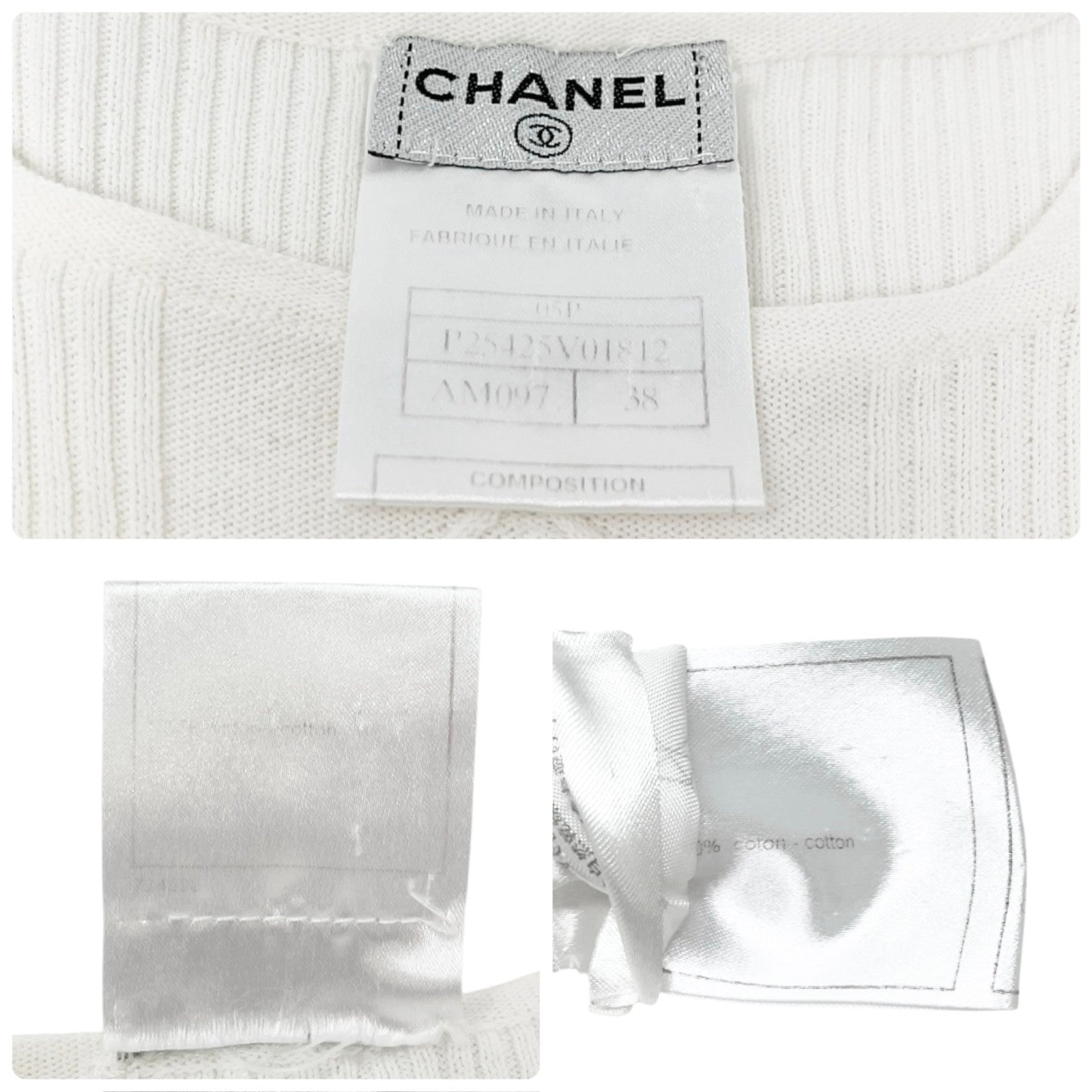 CHANEL Vintage 05P CC Mark Logo Rib Knit T-shirt Top #38 White Cotton