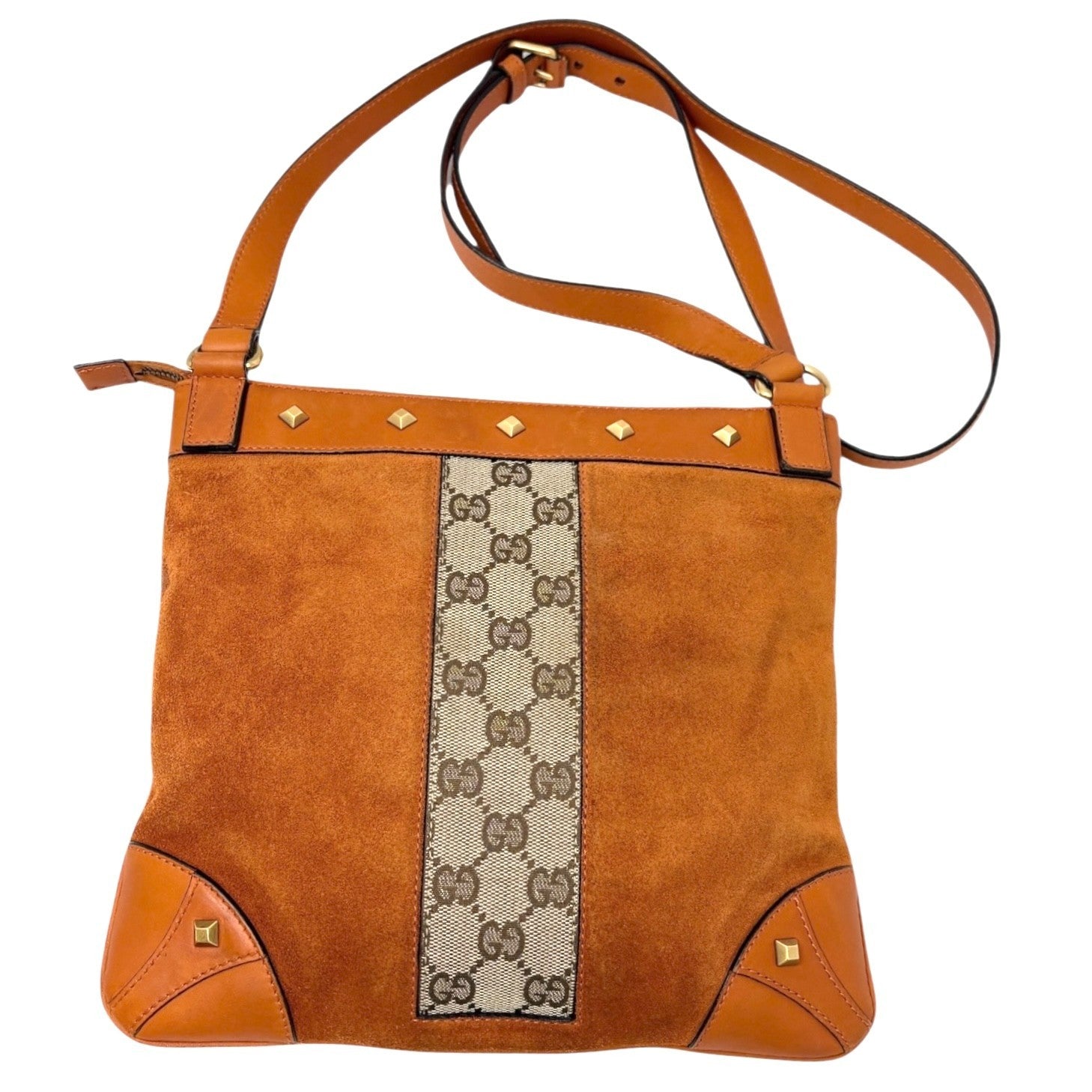 GUCCI Vintage GG Monogram Crossbody Bag Orange Suede Canvas Leather Nailhead