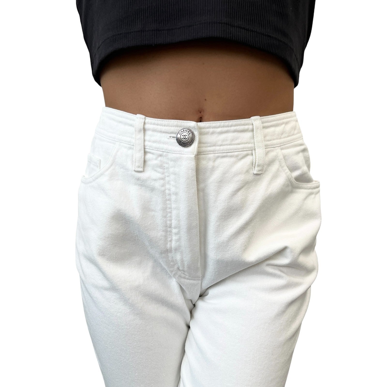 CHANEL Vintage 97C CC Logo Denim Pants #38 White Silver Cotton Stitch Pocket