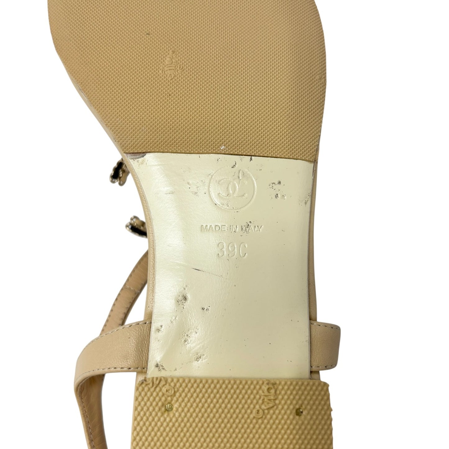CHANEL Vintage CC Logo Thong Sandals Heels #39 Cream Gold Black Leather