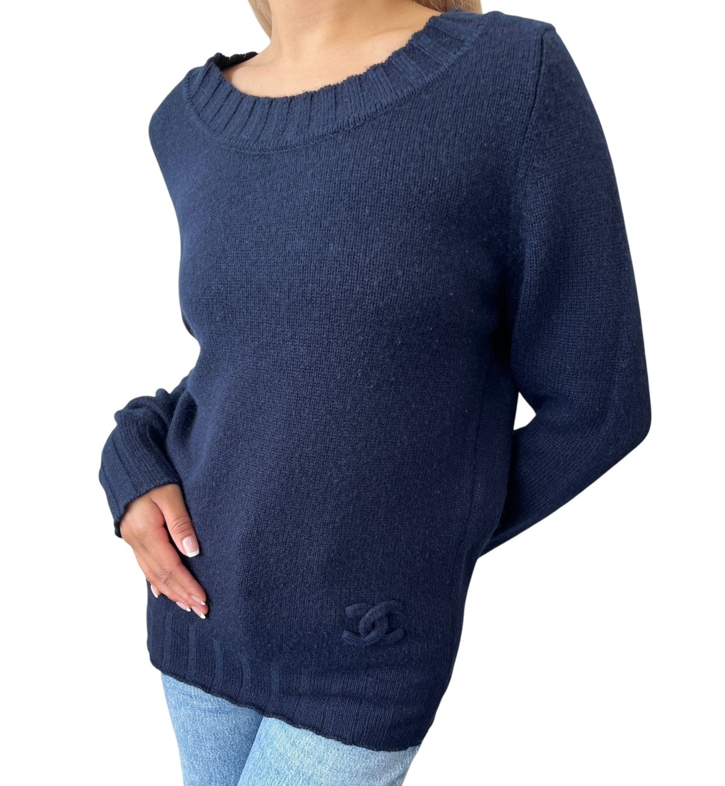 CHANEL Vintage P44576 CC Mark Logo Cashmere Knit Sweater Top #36 Dark Blue Navy