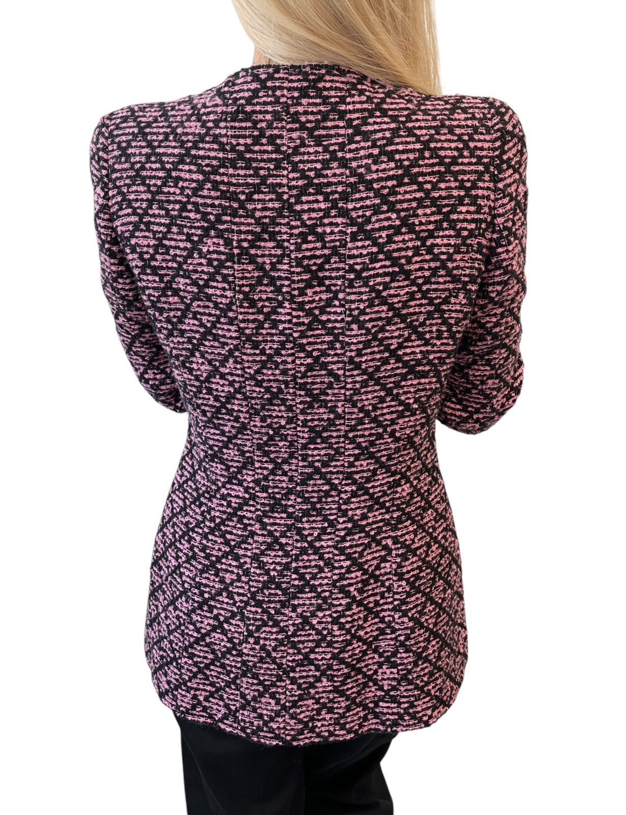 CHANEL Vintage 95A CC Logo Tweed Jacket #38 Pink Black Button Cotton Pocket