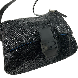 FENDI Vintage FF Logo Mamma Baguette Shoulder Bag Beads Black Leather Rank AB